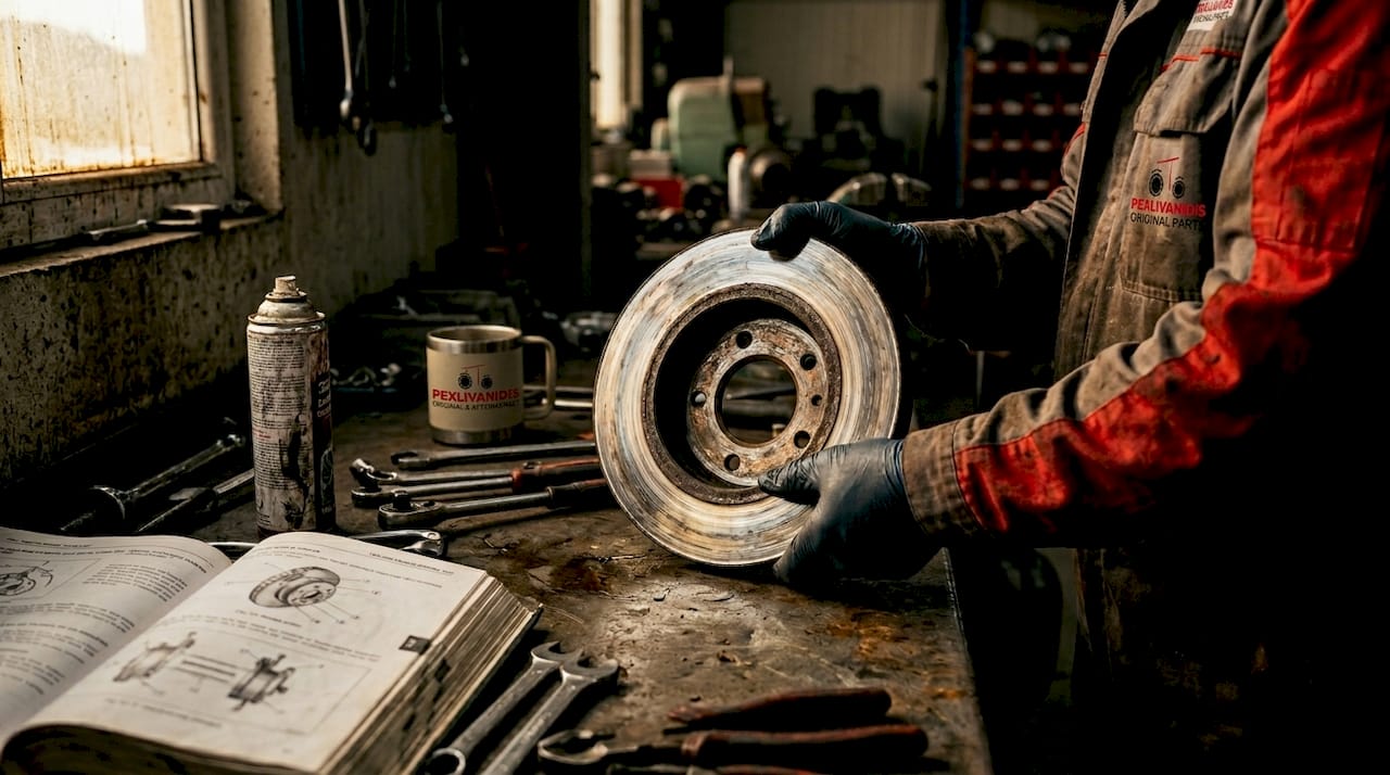 Closeup worn glazed brake disc in workshop