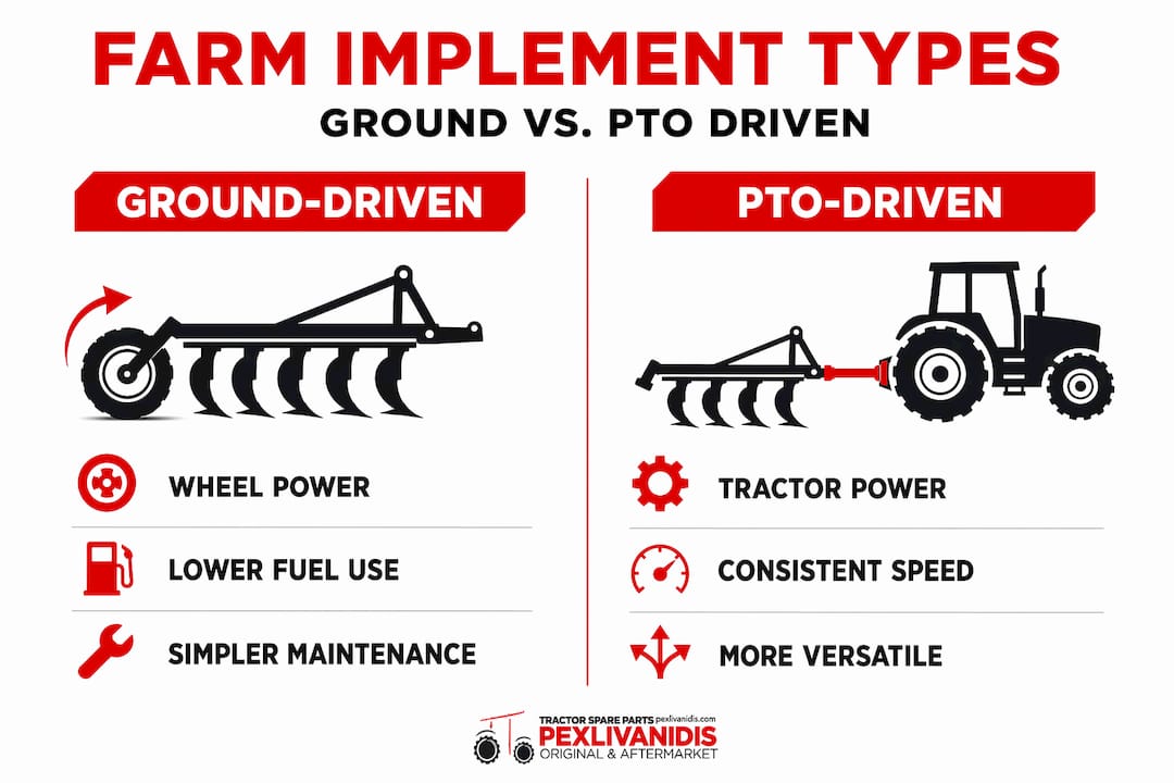 Infographic comparing ground-driven and PTO-driven implements