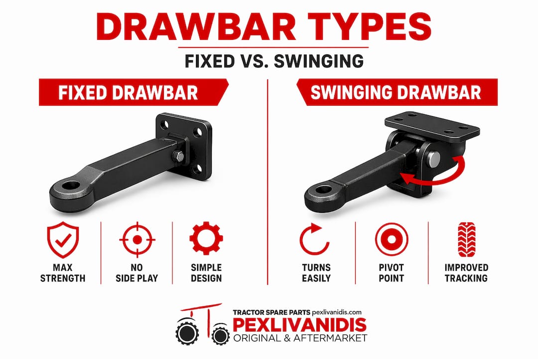 Infographic comparing fixed and swinging drawbars