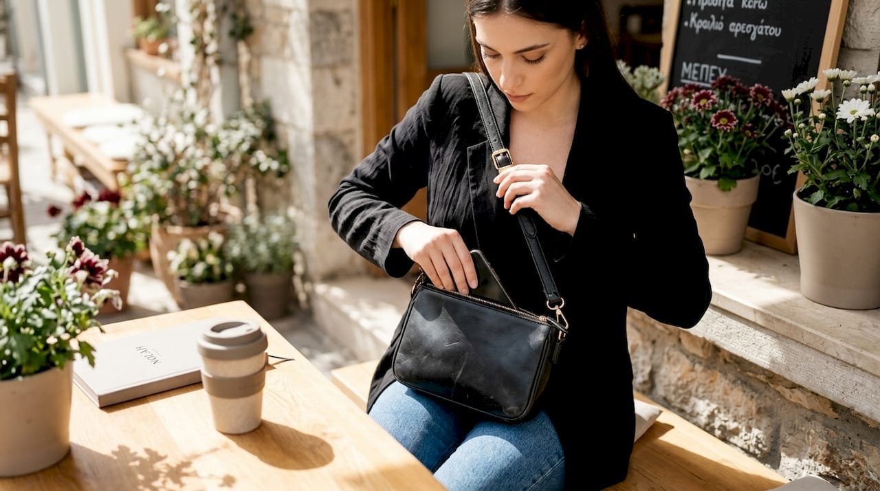 Μια γυναίκα φτιάχνει τη χιαστί τσάντα της ενώ βρίσκεται έξω