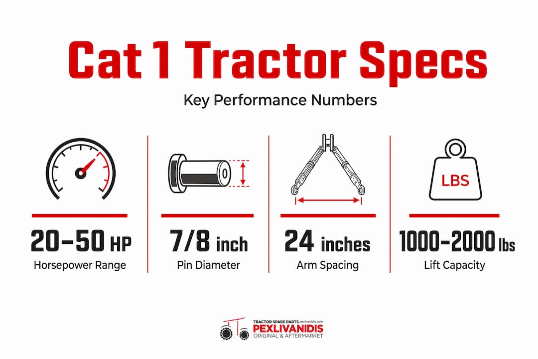 Infographic showing Cat 1 tractor specs and dimensions