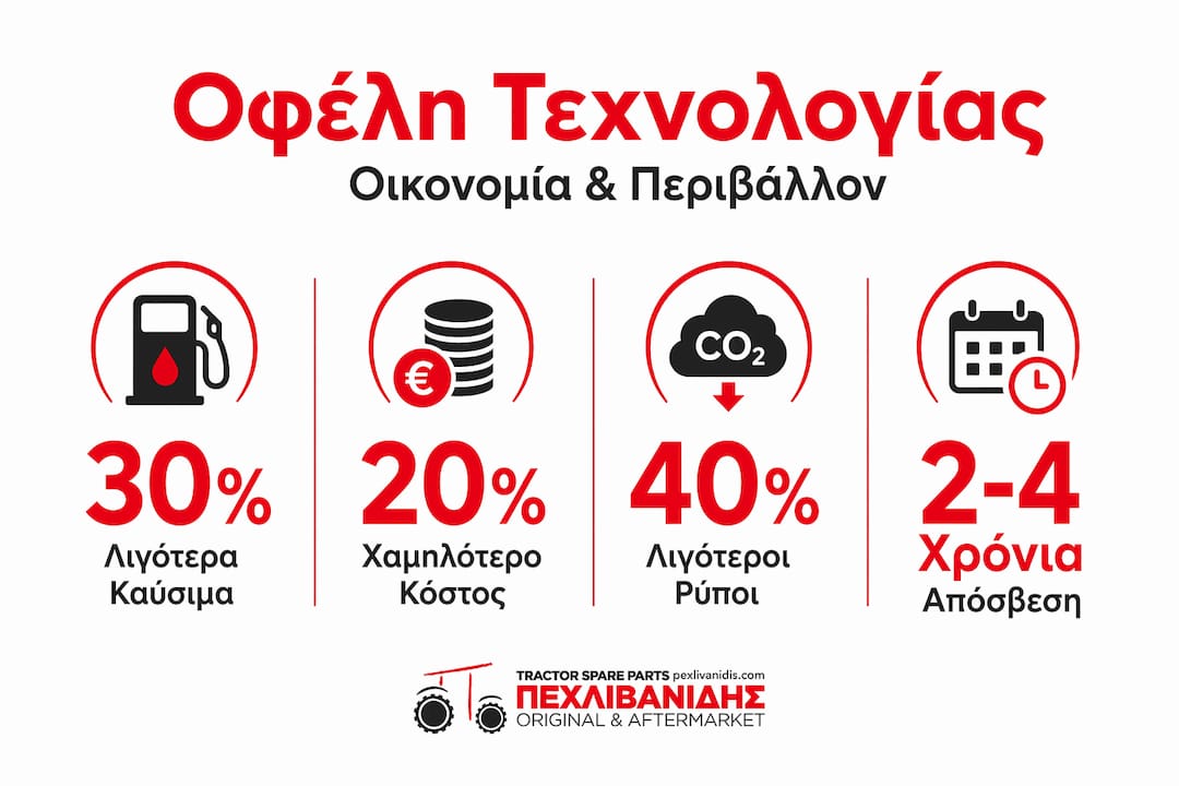 Εντυπωσιακό infographic με στατιστικά στοιχεία που αναδεικνύει τα οικονομικά και περιβαλλοντικά οφέλη των τρακτέρ.