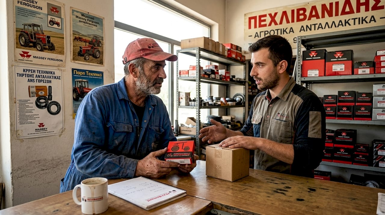 Ένας αγρότης συζητά με τον υπάλληλο του καταστήματος για την αγορά ανταλλακτικού που χρειάζεται για τα μηχανήματά του.
