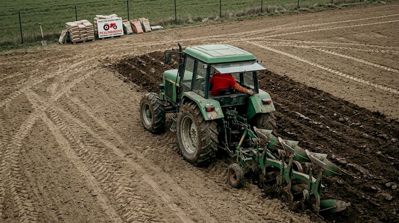 Tractor ploughing field with visible soil rows