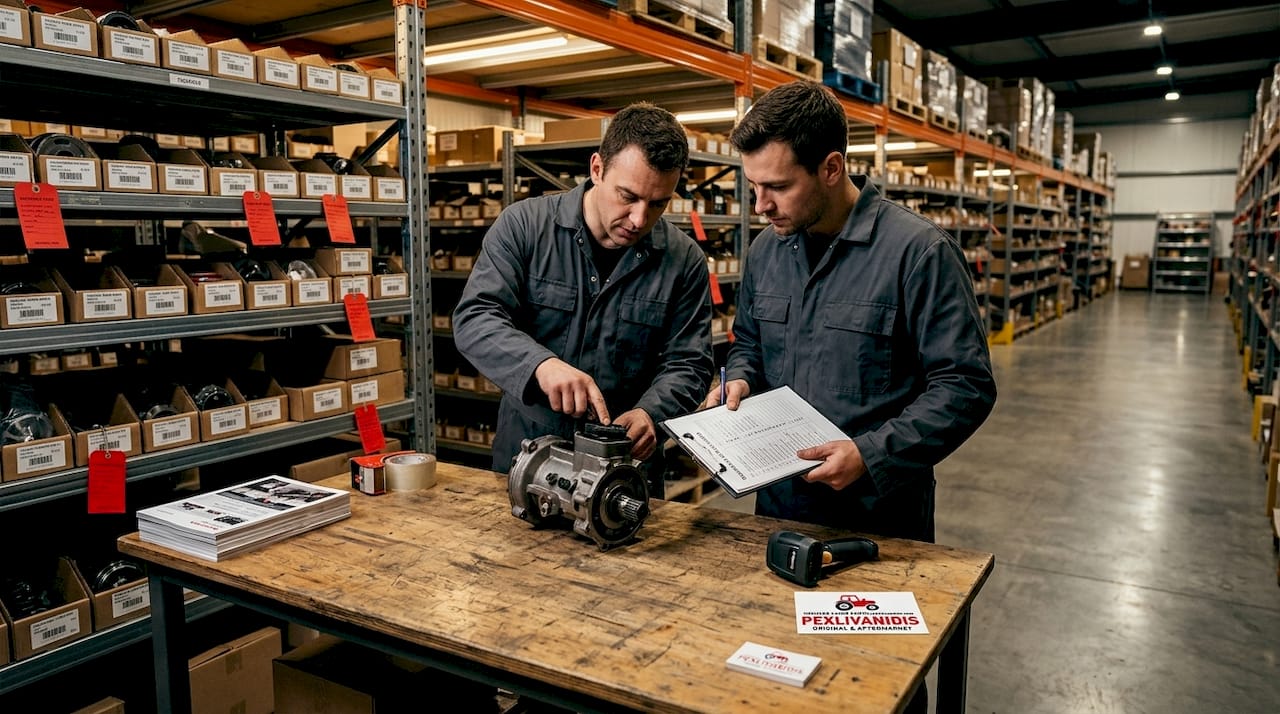 Warehouse workers inspecting returned tractor part