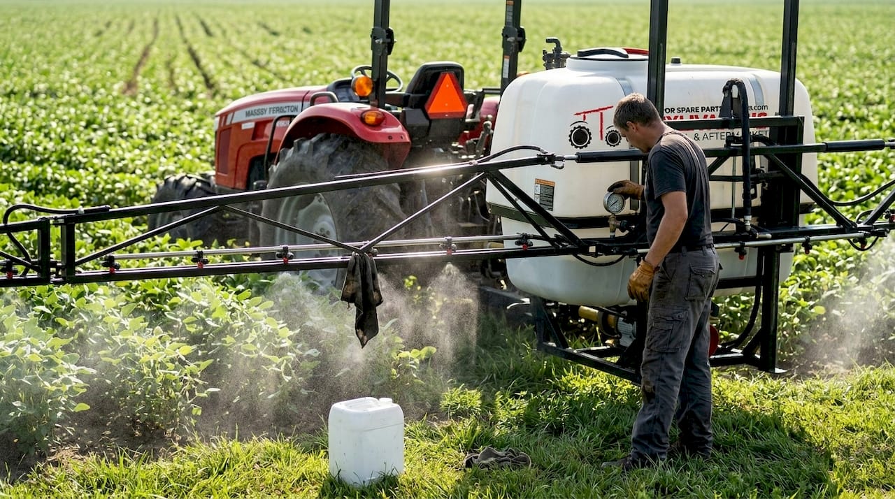 Worker operating boom sprayer for crop maintenance