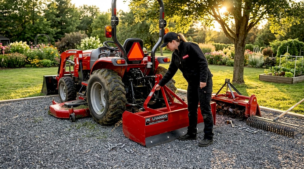 Woman changing implements on CAT 1 tractor