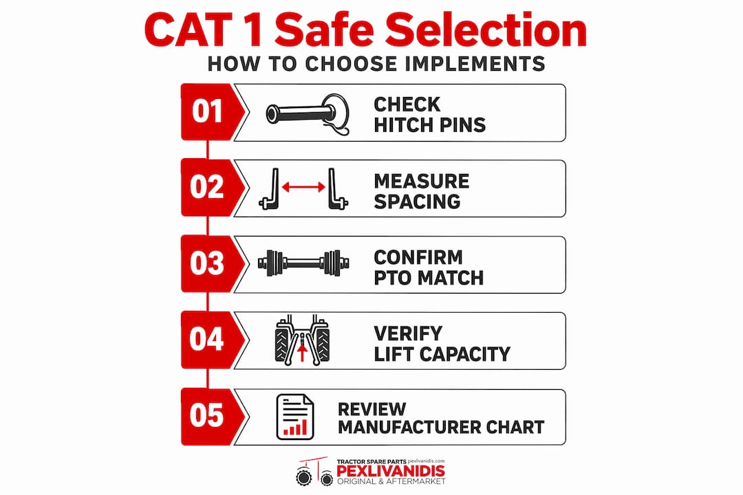 Infographic safe implement selection steps for CAT 1 tractor