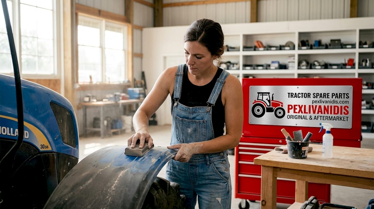 Woman prepping tractor paint for repair