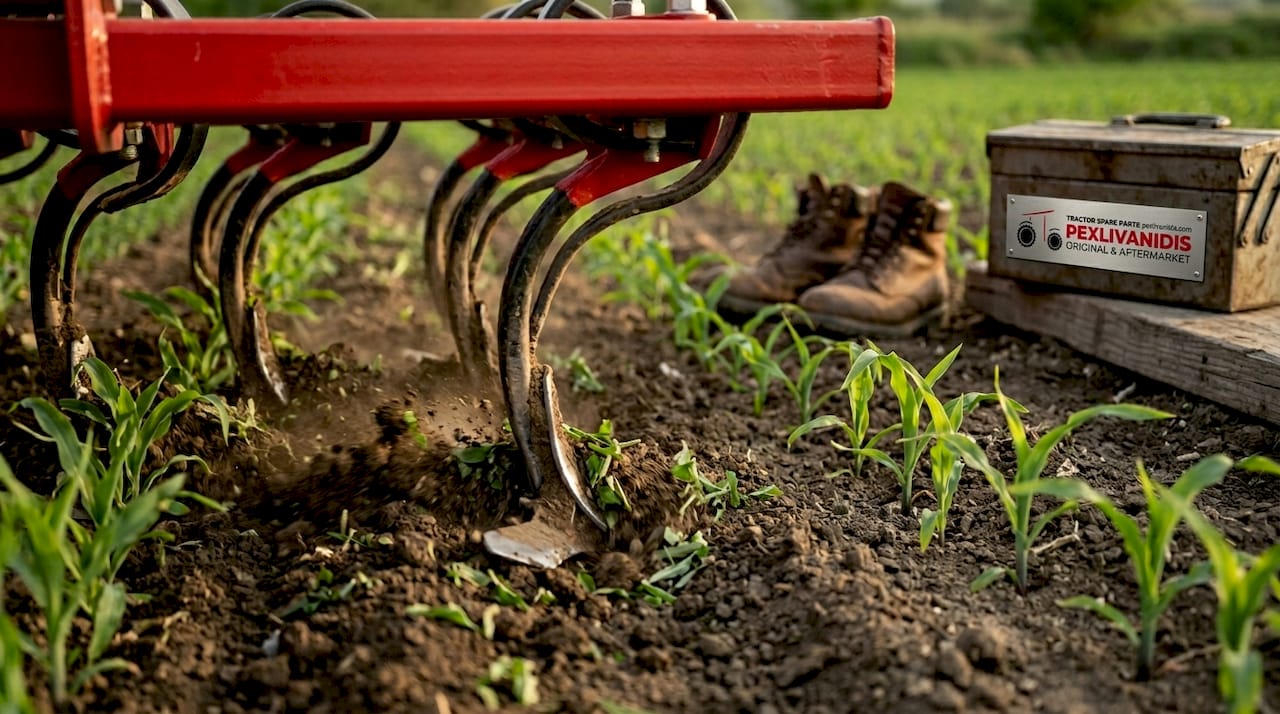 Spring-tine cultivator tines in action near crops