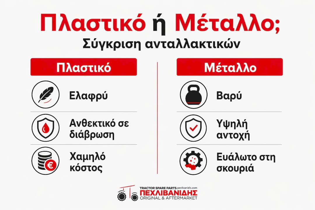 Οπτική παρουσίαση με τα υπέρ και τα κατά πλαστικών και μεταλλικών ανταλλακτικών