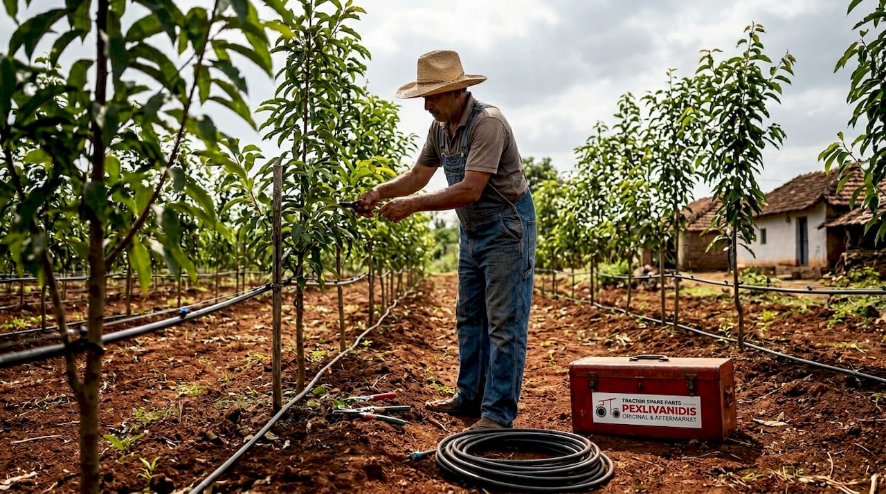 Farmer pruning dense orchard Karnataka