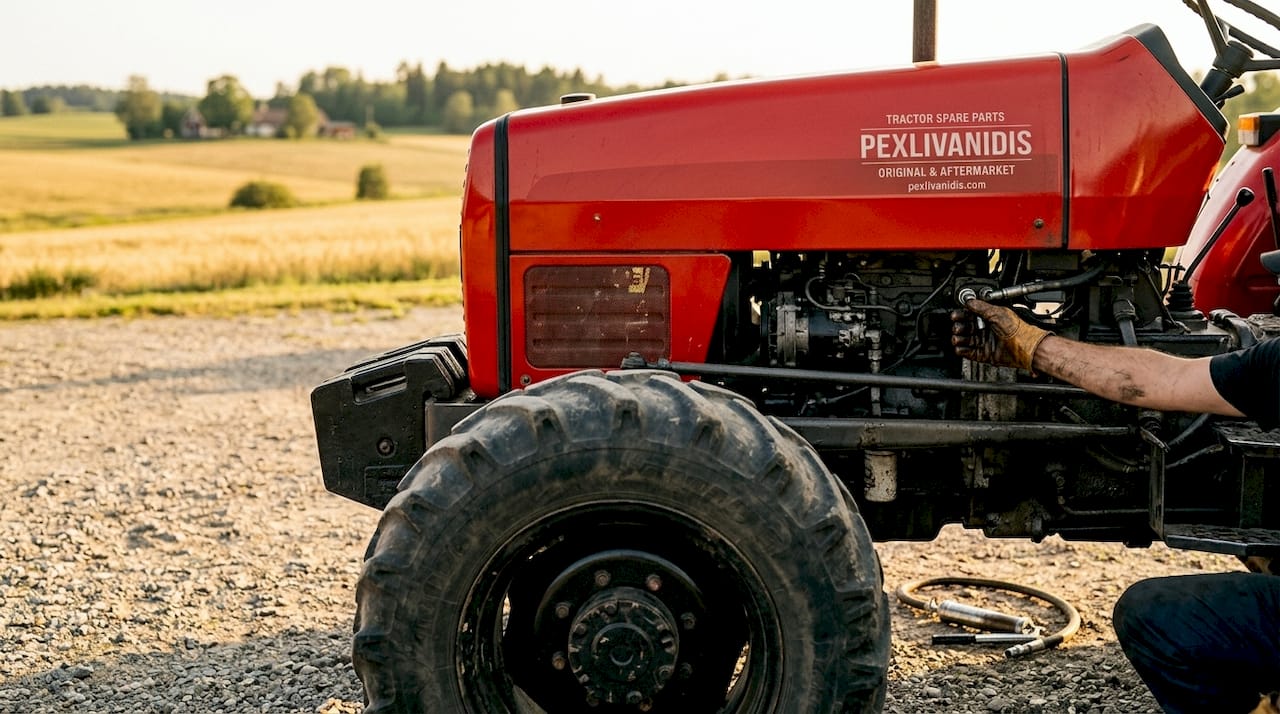 Close-up of tractor being inspected and cleaned