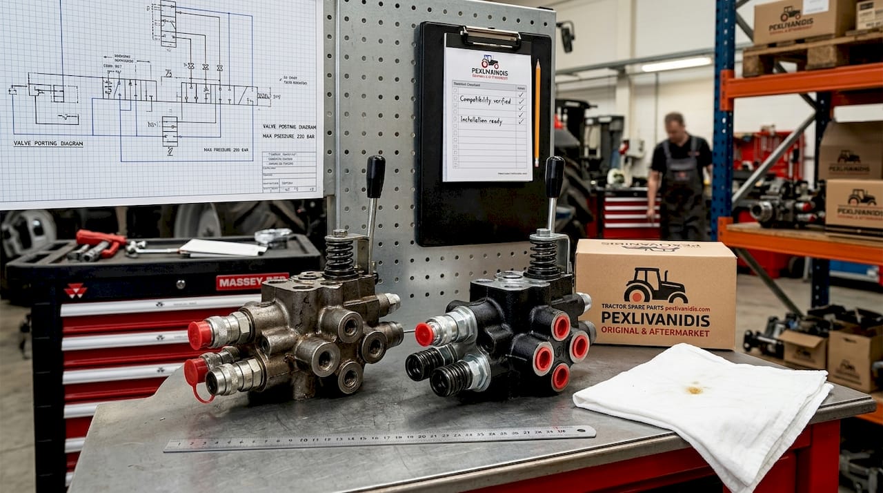 Two tractor hydraulic valves compared on workbench