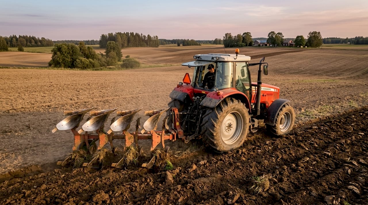 Close-up of moldboard plow turning soil