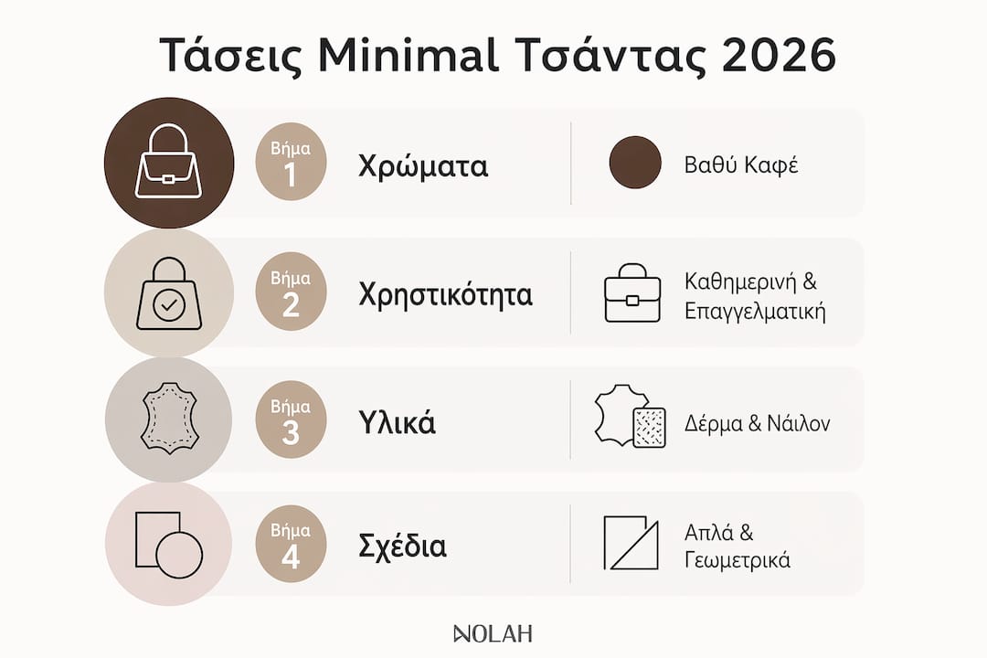 Μια ματιά στις νέες minimal τάσεις στις τσάντες για το 2026, μέσα από ένα ξεκάθαρο, βήμα-βήμα οπτικό αφιέρωμα.