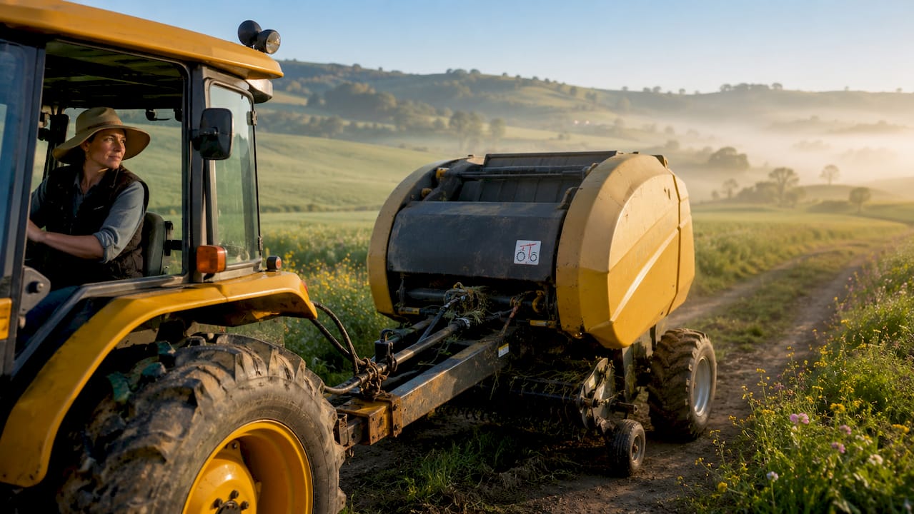 Tractor towing farm implements connected by drawbar