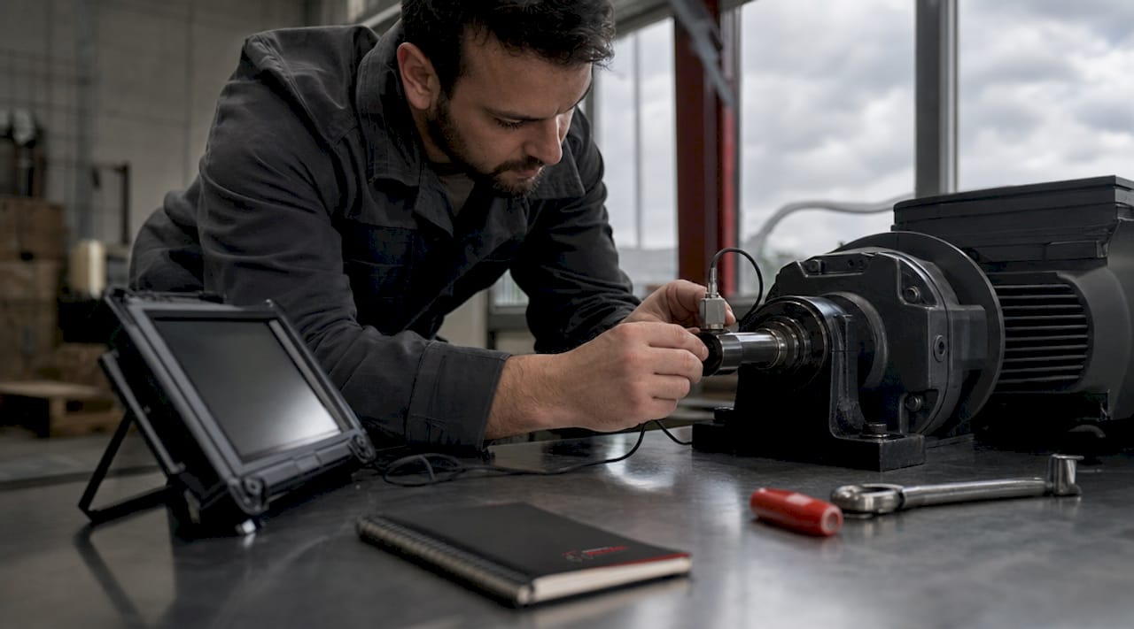 Hands applying vibration sensor to rotating machinery