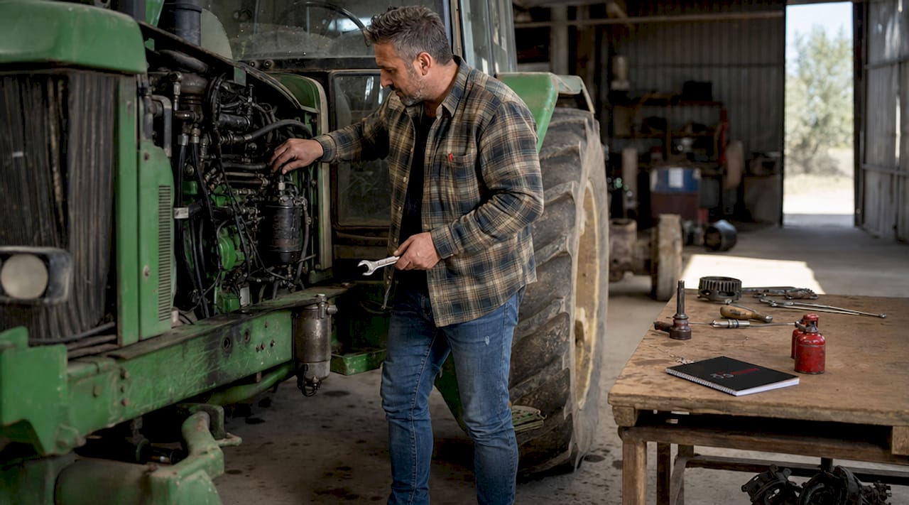 Close-up of tractor engine inspection