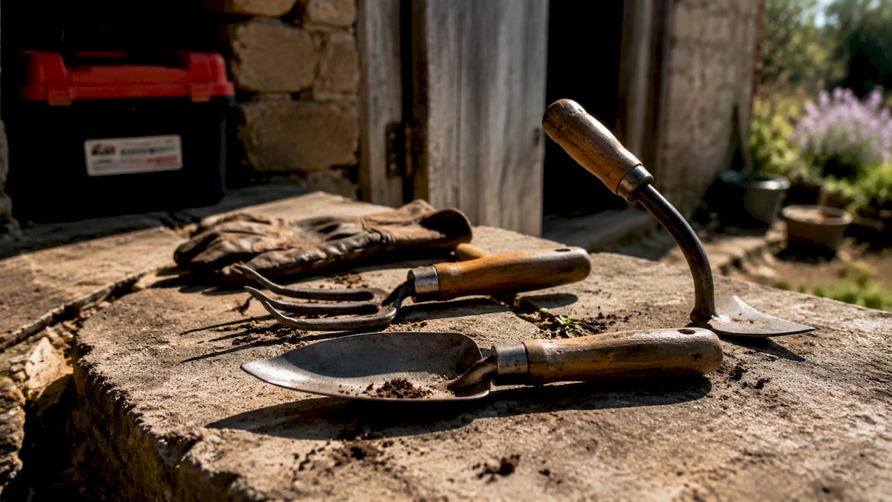 Hand farm tools on wooden bench