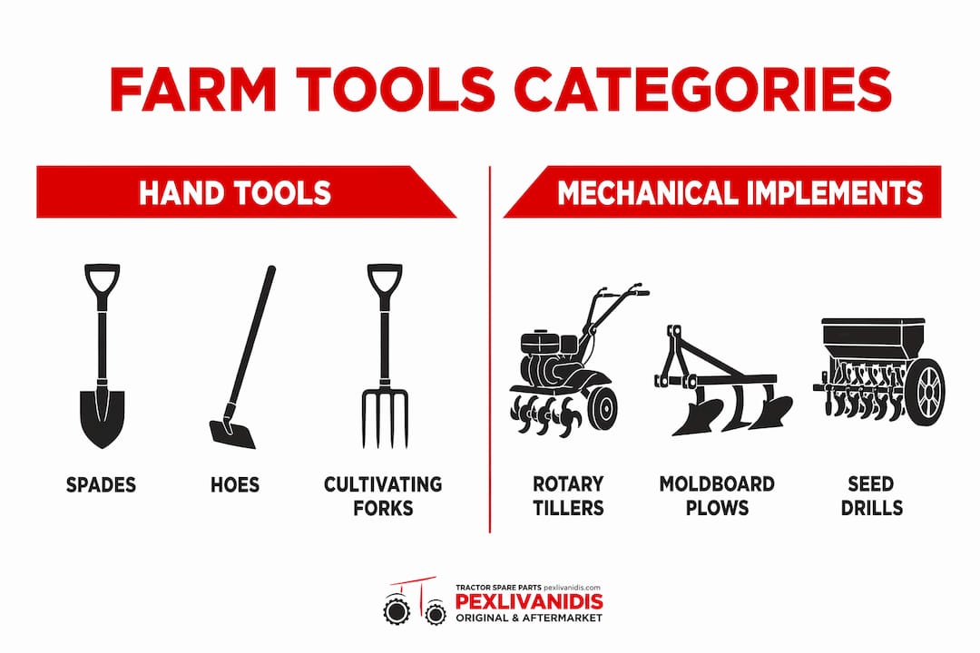 Infographic comparing hand tools and mechanical farm implements