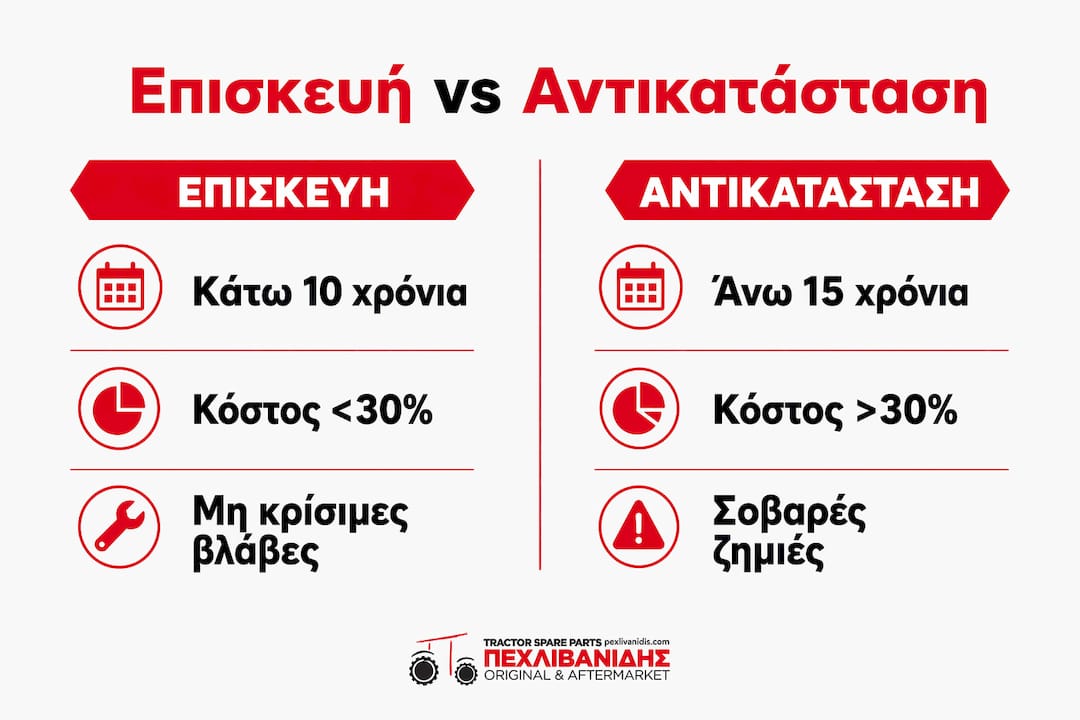 Οδηγός: Πότε συμφέρει η επισκευή και πότε η αντικατάσταση του γεωργικού σας μηχανήματος - Όλα τα βασικά κριτήρια σε ένα κατανοητό infographic