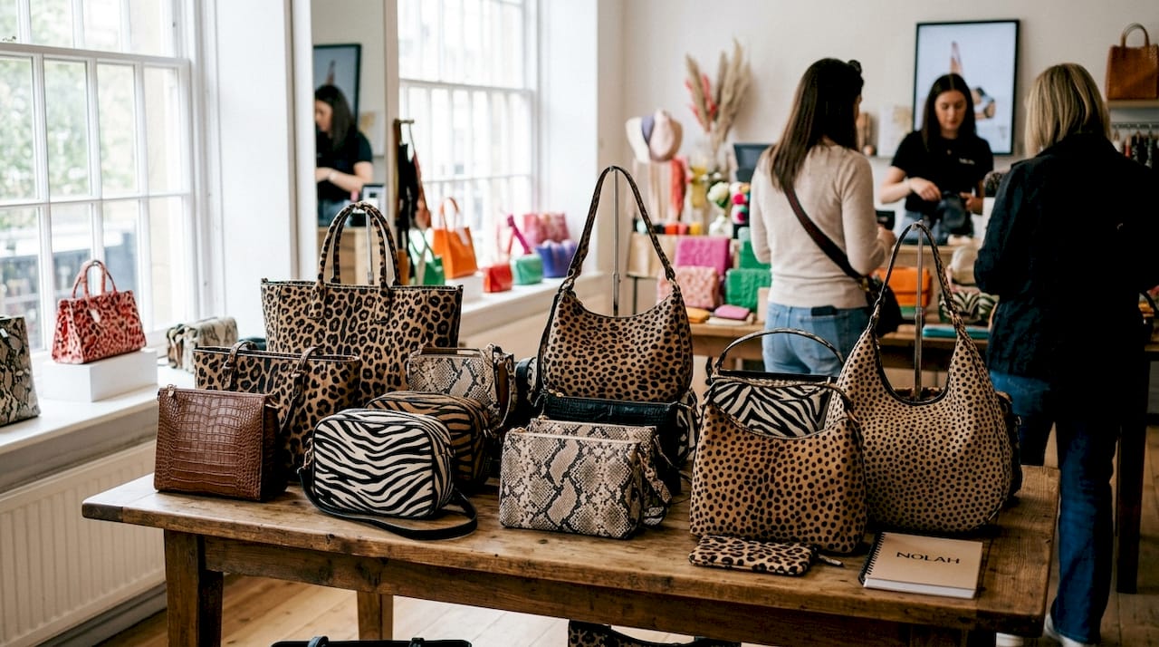 Λήψη από κοντά σε συλλογή τσαντών με animal print, τοποθετημένες πάνω σε μαρμάρινη επιφάνεια.