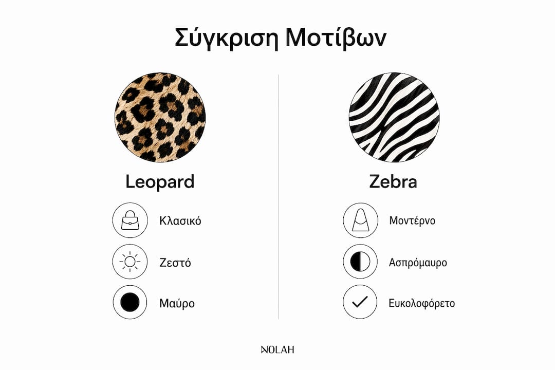 Οπτική παρουσίαση και σύγκριση διαφορετικών animal print σχεδίων