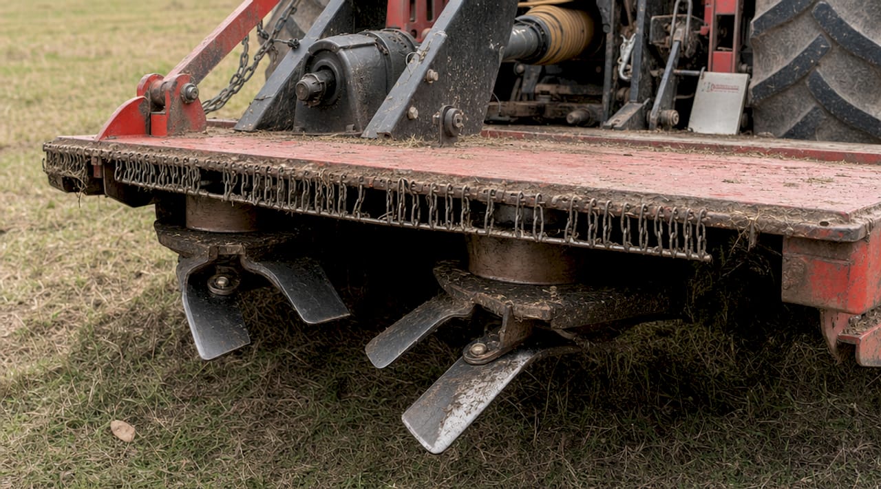 Close-up of rotary cutter blades on tractor implement