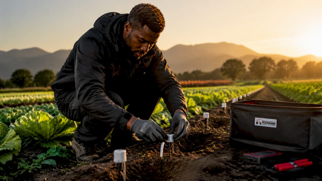Technician installs soil sensors on farm outdoors