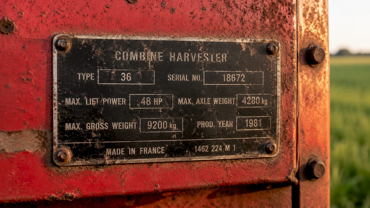 Close-up of tractor serial plate with model numbers