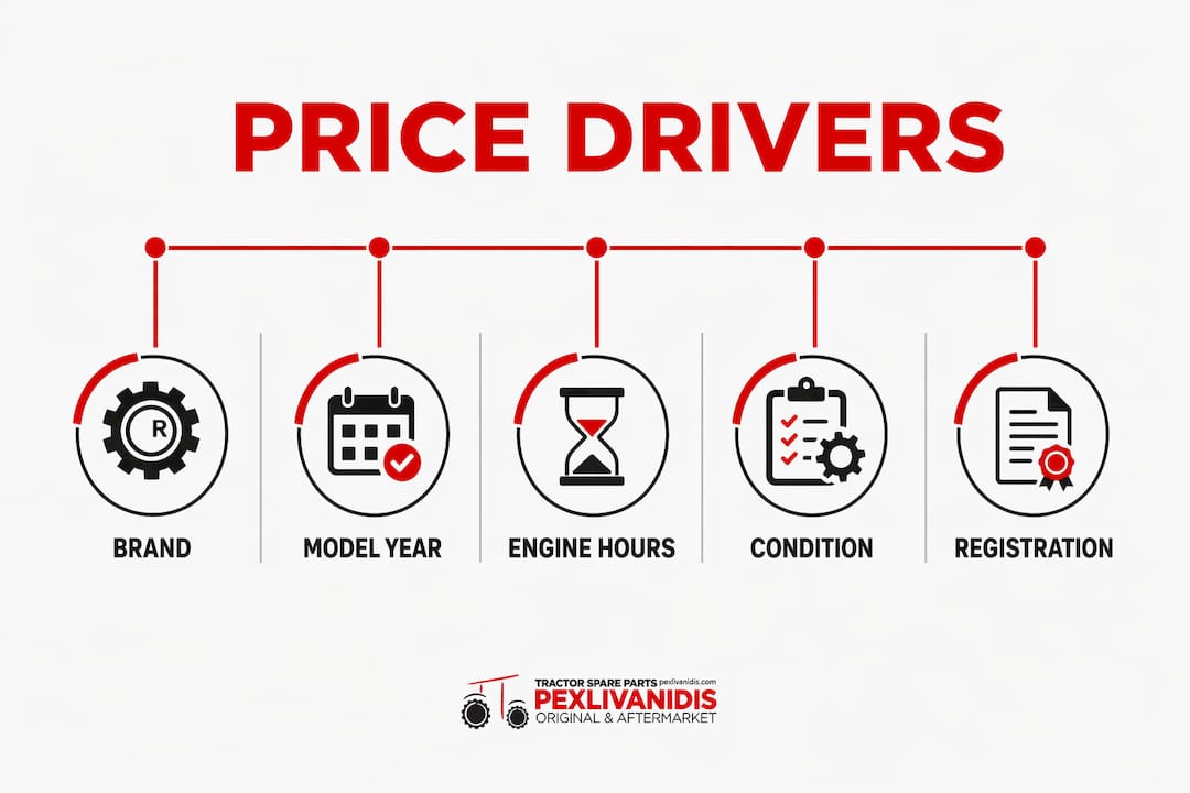 Infographic showing key price drivers for used tractors