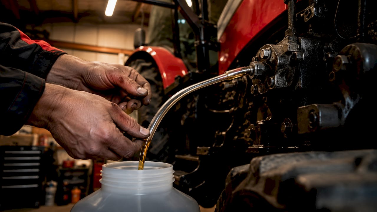 Hands replacing tractor brake fluid in workshop
