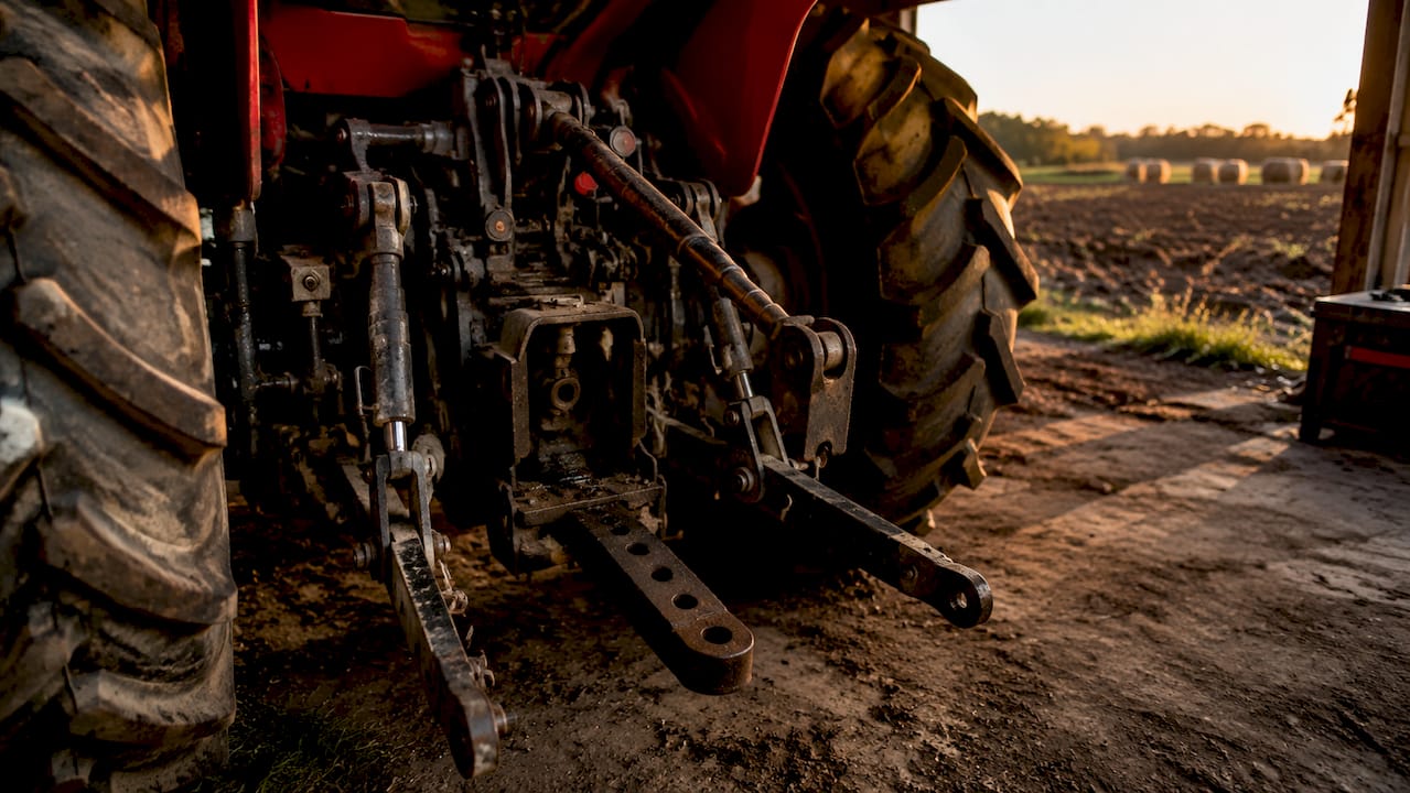 Close-up of tractor's three-point hitch triangle mechanism