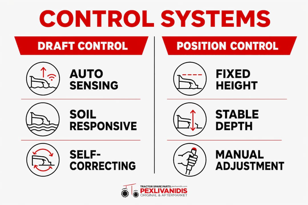 Infographic comparing draft control and position control on tractor hitch