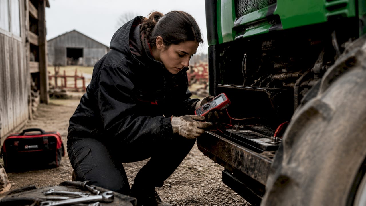 Technician testing tractor battery outdoors