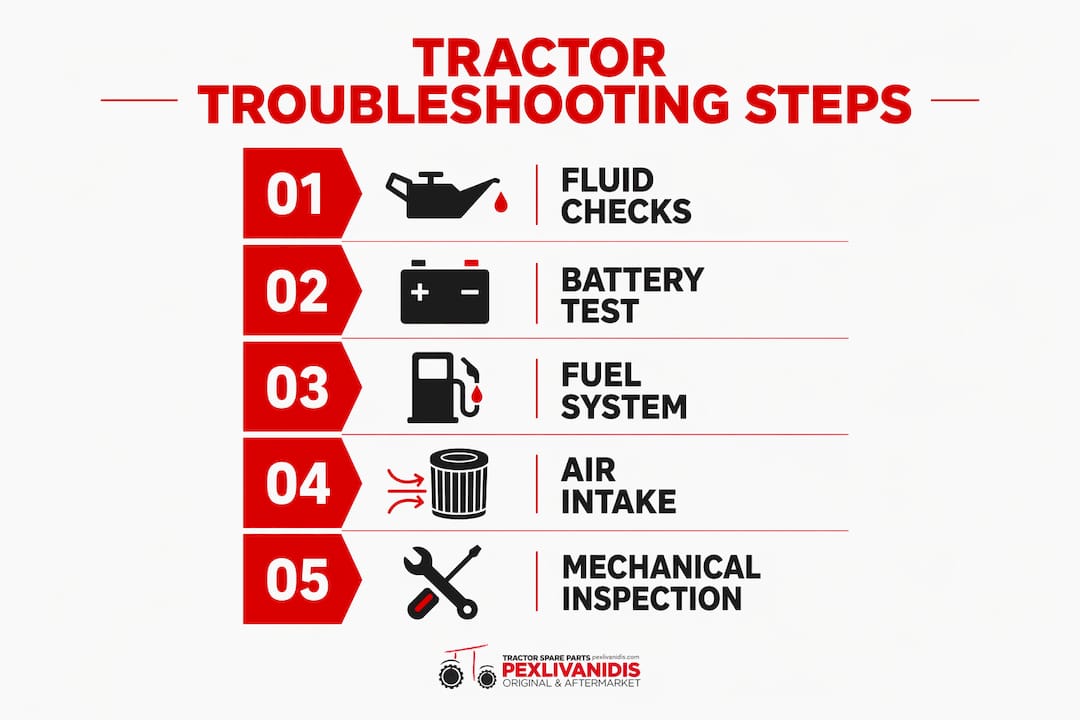 Infographic showing tractor troubleshooting steps