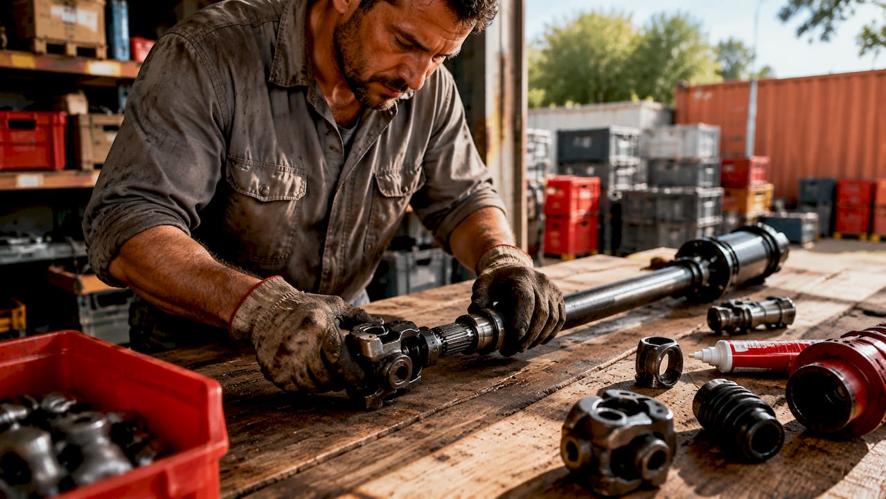 Mechanic assembling tractor PTO shaft components indoors