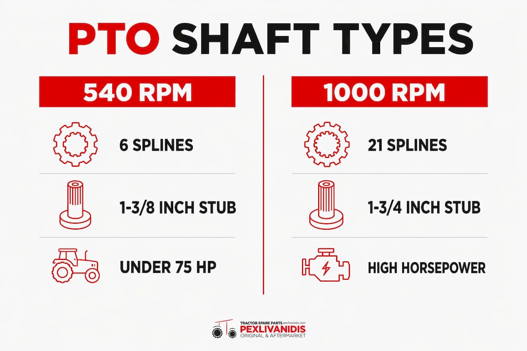 Infographic comparing 540 RPM vs 1000 RPM PTO shafts