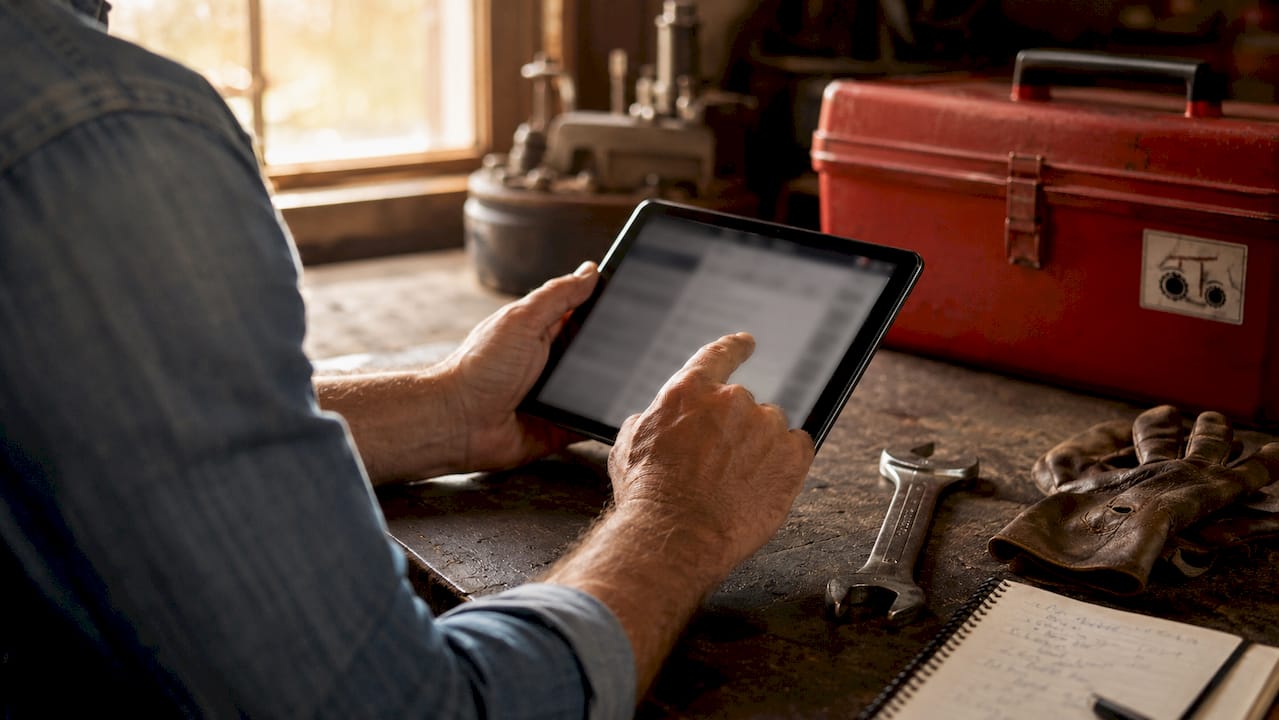 Hands using maintenance checklist tablet