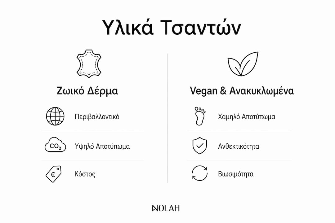 Ενδεικτικό γράφημα με τα πλεονεκτήματα και τα μειονεκτήματα των υλικών στις γυναικείες τσάντες