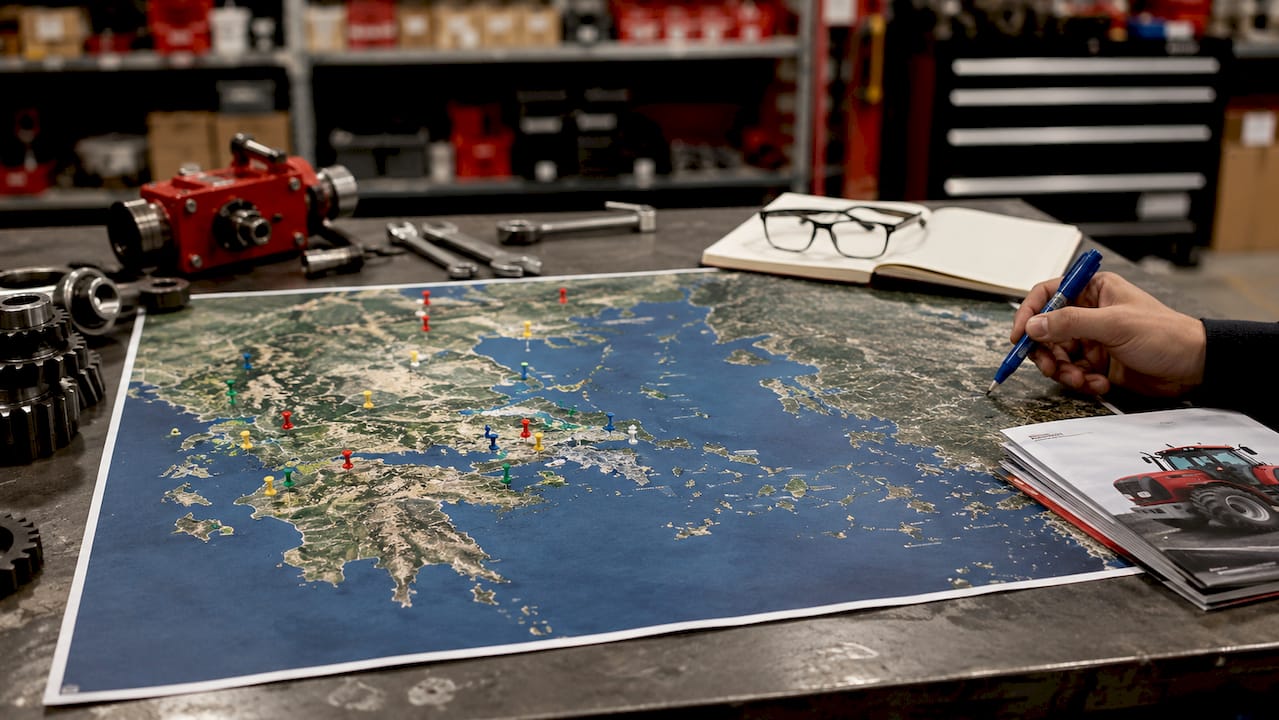 Hands marking Honda dealer locations on Greece map