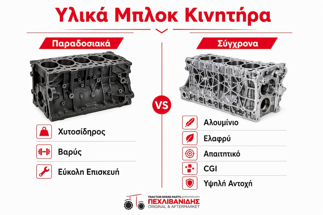 Ενημερωτικό γράφημα με σύγκριση των υλικών που χρησιμοποιούνται στα παραδοσιακά και στα σύγχρονα μπλοκ κινητήρων