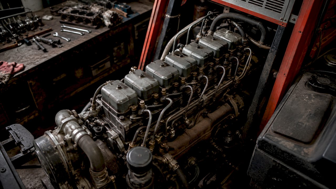 Close-up of Perkins six-cylinder tractor engine