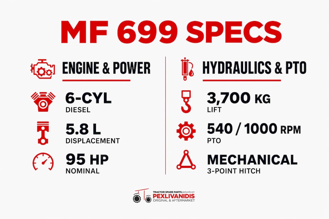 Infographic comparing Massey Ferguson 699 engine and hydraulics specs