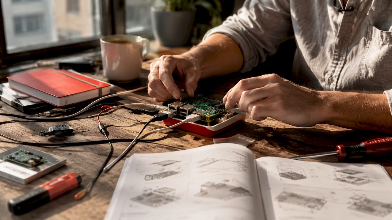 Χέρια που συναρμολογούν ένα Raspberry Pi για να δημιουργήσουν κέντρο ελέγχου smart home.