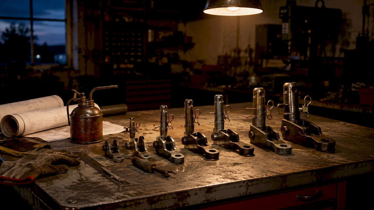 Various tractor hitch pins on workshop bench