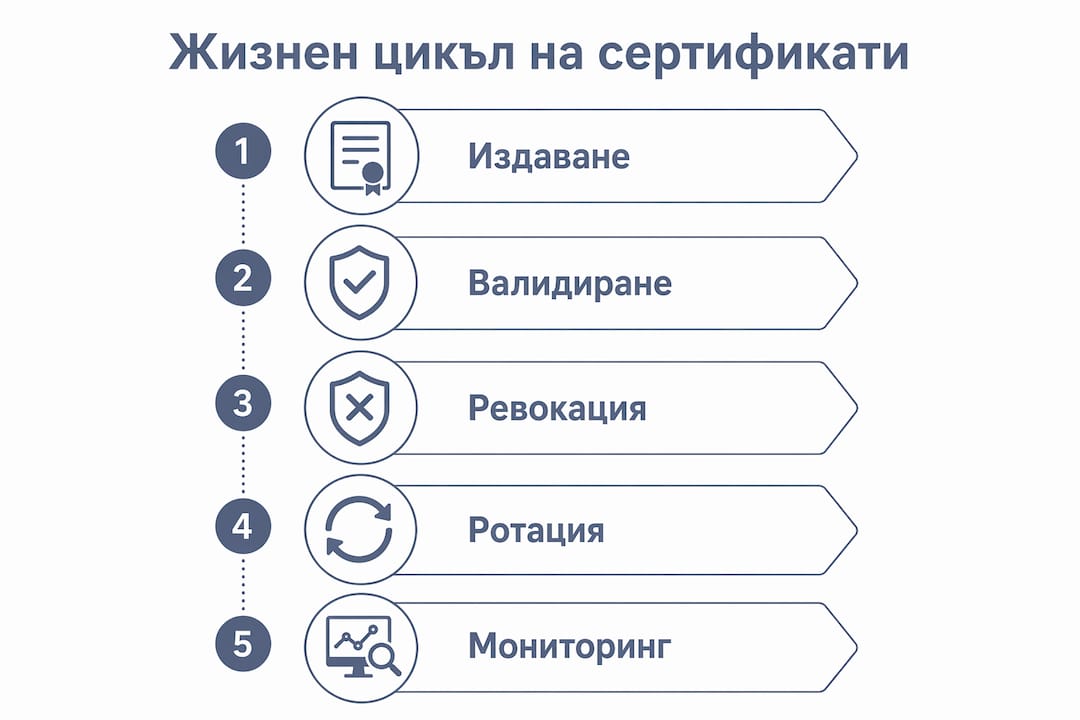 Инфографика, която представя етапите в живота на един сертификат