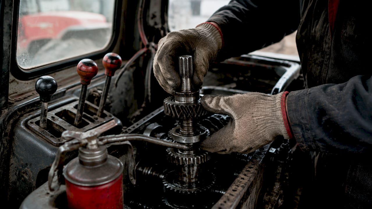 Mechanic hands adjusting John Deere gear selector controls