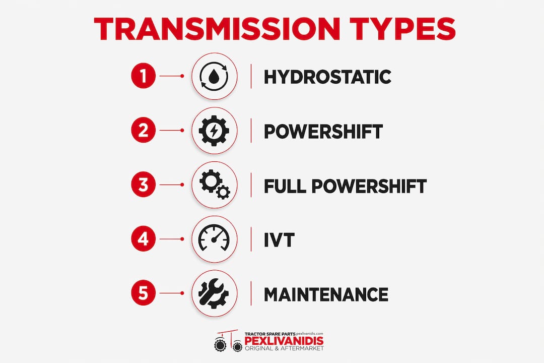 Infographic illustrating John Deere transmission types and maintenance steps